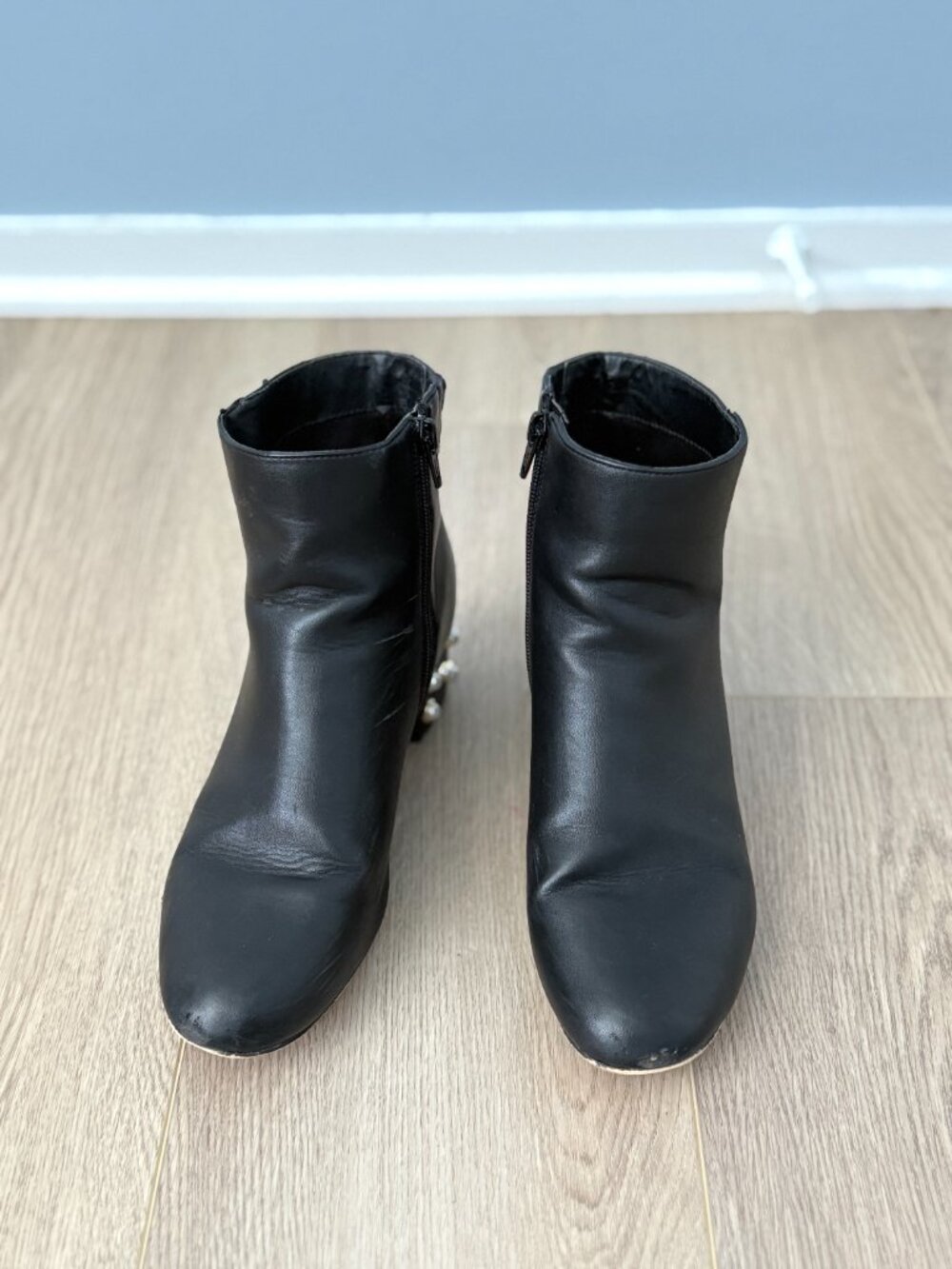 Black Ankle Boots with Pearl-embellished Heels